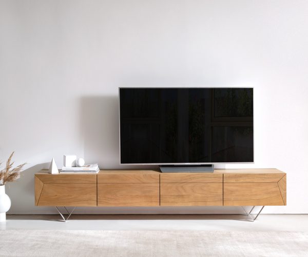 TV stolík Kayu 220 cm prírodná akácia 4 dvierka podstava v tvare V - Image 2