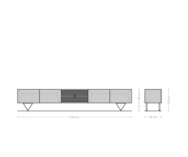 TV stolík Kayu 240 cm prírodná akácia 4 dvierka podstavec v tvare V - Image 7