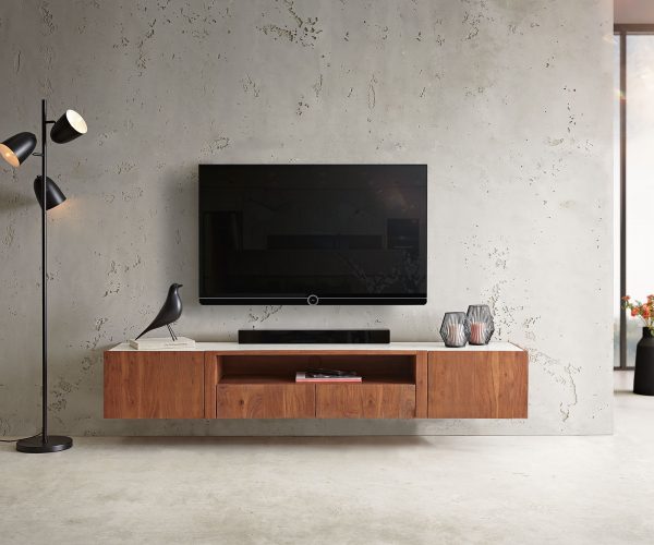 TV stolík Secara 200 cm akáciová hnedá 2 dvierka 2 zásuvky mramorový záves