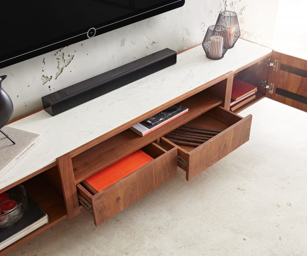 TV stolík Secara 200 cm akáciová hnedá 2 dvierka 2 zásuvky mramorový záves - Image 5