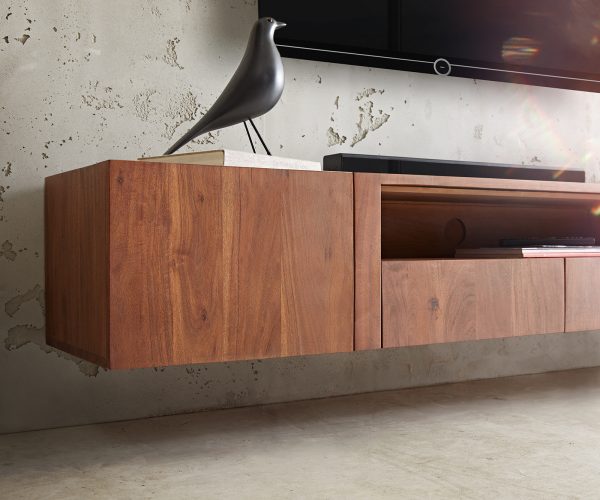 TV stolík Secara 200 cm akáciová hnedá 2 dvierka 2 zásuvky mramorový záves - Image 6