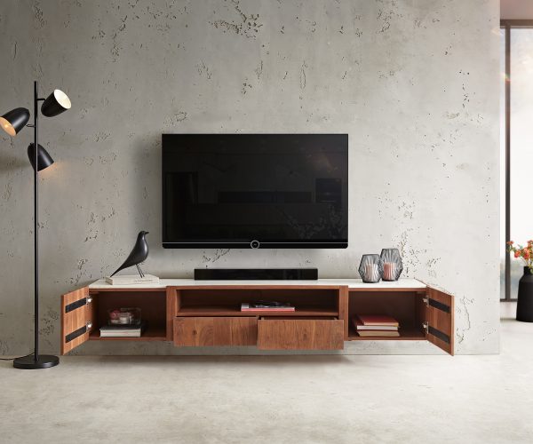 TV stolík Secara 200 cm akáciová hnedá 2 dvierka 2 zásuvky mramorový záves - Image 4
