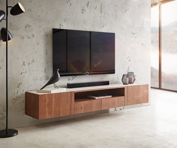 TV stolík Secara 200 cm akáciová hnedá 2 dvierka 2 zásuvky mramorový záves - Image 2