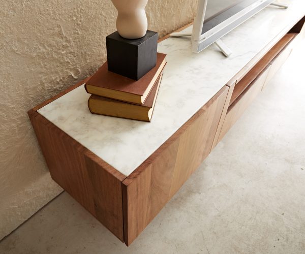 TV stolík Secara 220 cm akácia prírodná 2 dvierka 2 zásuvky mramor na zavesenie - Image 6