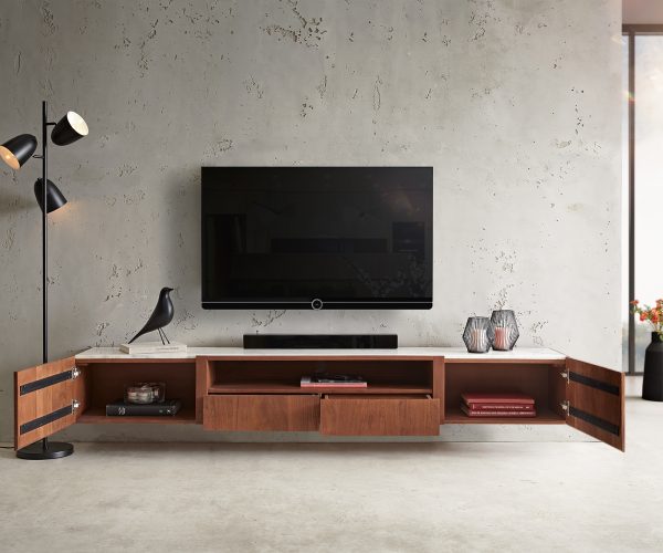 TV stolík Secara 220 cm akáciová hnedá 2 dvierka 2 zásuvky mramorový záves - Image 4