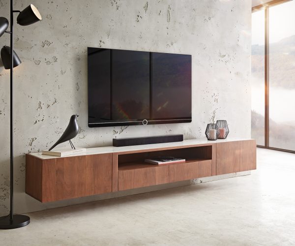 TV stolík Secara 220 cm akáciová hnedá 2 dvierka 2 zásuvky mramorový záves - Image 2