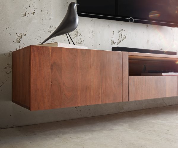 TV stolík Secara 220 cm akáciová hnedá 2 dvierka 2 zásuvky mramorový záves - Image 6