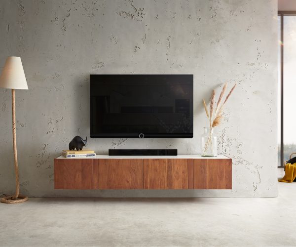 TV stolík Secara 175 cm akáciová hnedá 4 dvierka mramorový záves