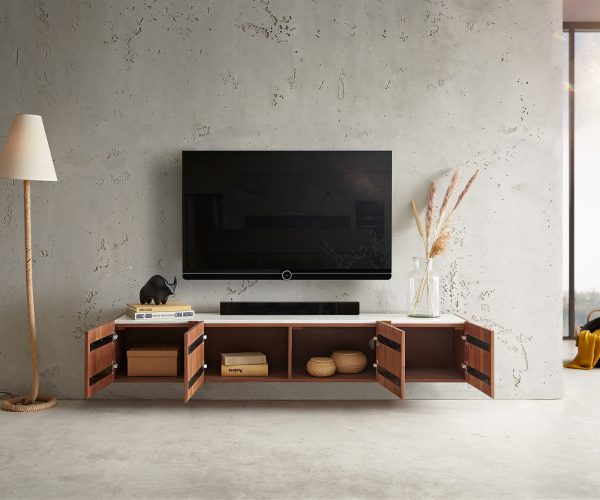 TV stolík Secara 175 cm akáciová hnedá 4 dvierka mramorový záves - Image 4