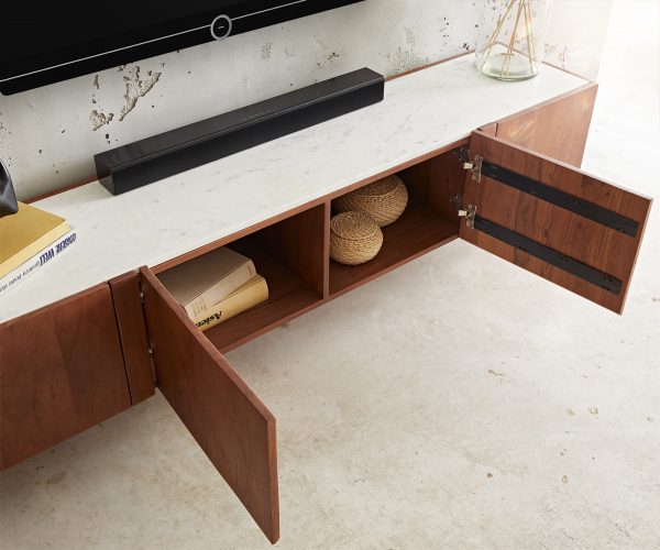 TV stolík Secara 175 cm akáciová hnedá 4 dvierka mramorový záves - Image 5