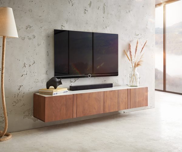 TV stolík Secara 175 cm akáciová hnedá 4 dvierka mramorový záves - Image 2