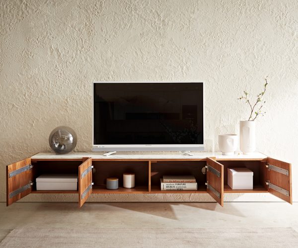TV stolík Secara 200 cm akácia prírodná 4 dvierka mramor na zavesenie - Image 5