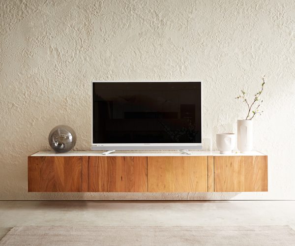 TV stolík Secara 200 cm akácia prírodná 4 dvierka mramor na zavesenie - Image 2