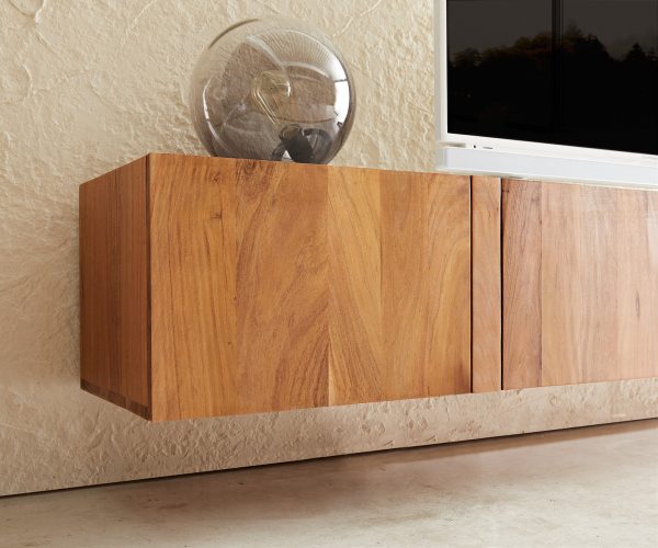 TV stolík Secara 200 cm akácia prírodná 4 dvierka mramor na zavesenie - Image 4