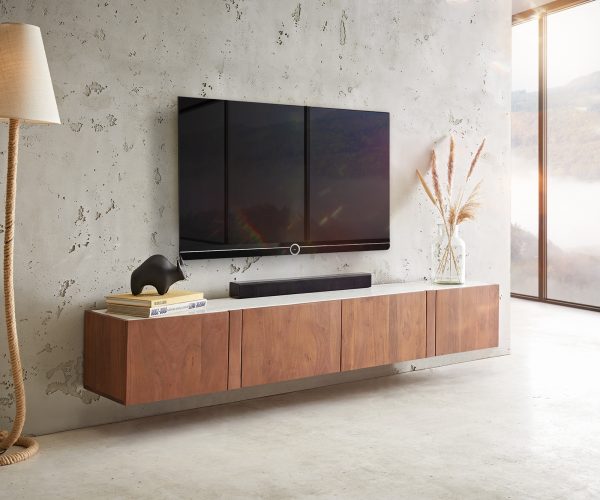 TV stolík Secara 200 cm akáciová hnedá 4 dvierka mramorový záves - Image 2