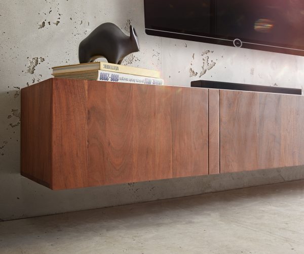 TV stolík Secara 200 cm akáciová hnedá 4 dvierka mramorový záves - Image 6