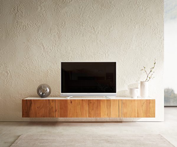 TV stolík Secara 220 cm akácia prírodná 4 dvierka mramor na zavesenie - Image 2