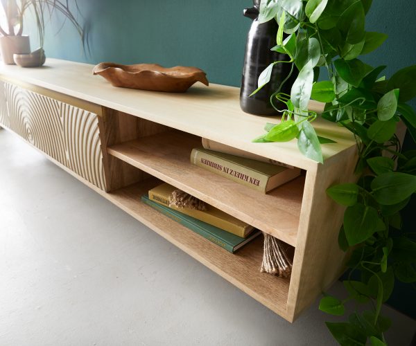 TV stolík Budaya mango prírodný 175 cm 2 dvierka 2 priehradky na zavesenie - Image 5