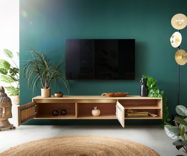 TV stolík Budaya mango prírodný 175 cm 2 dvierka 2 priehradky na zavesenie - Image 4