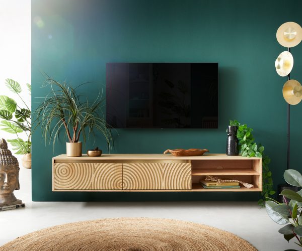 TV stolík Budaya mango prírodný 175 cm 2 dvierka 2 priehradky na zavesenie - Image 2