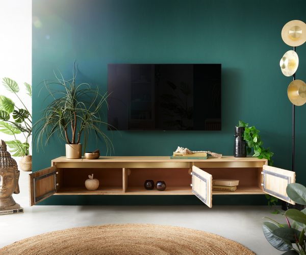 TV stolík Budaya mango prírodný 175 cm 3 dvierka závesné - Image 4