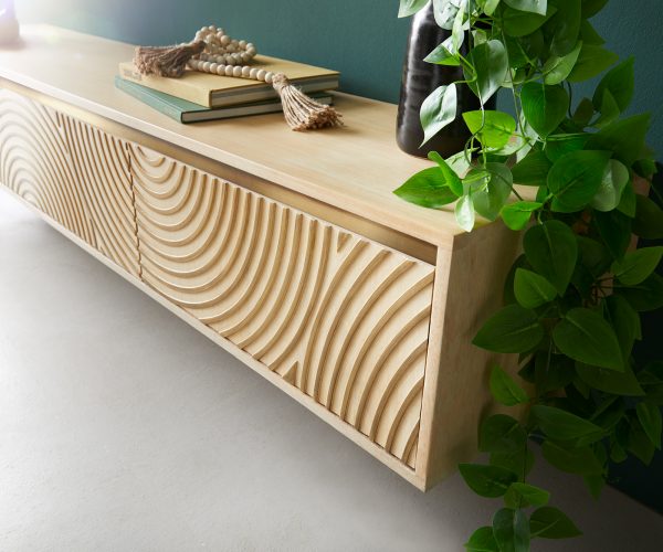 TV stolík Budaya mango prírodný 175 cm 3 dvierka závesné - Image 5