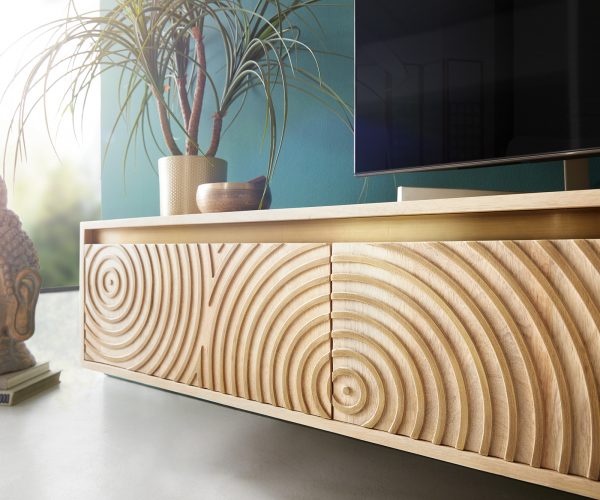 TV stolík Budaya mango prírodný 260 cm 4 dvierka 2 priehradky na zavesenie - Image 5