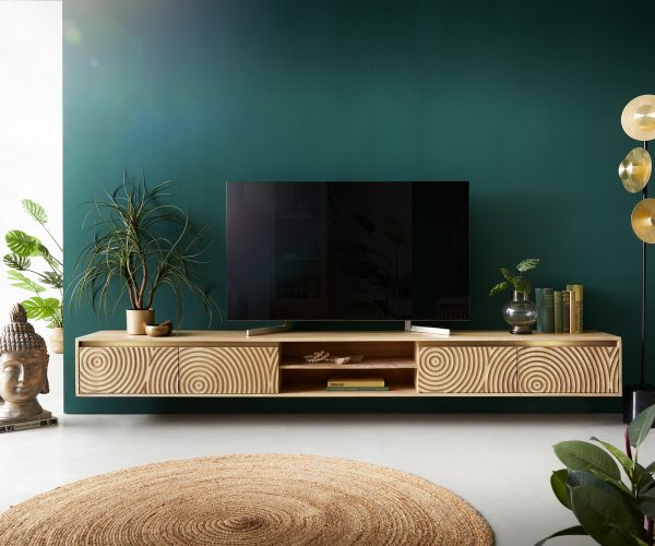 TV stolík Budaya mango prírodný 260 cm 4 dvierka 2 priehradky na zavesenie - Image 2