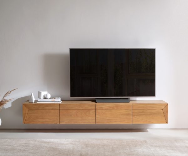 TV stolík Kayu 200 cm akácia prírodná 4 dvierka závesné - Image 2