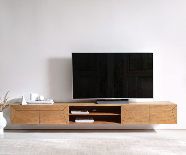 TV stolík Kayu 240 cm akácia prírodná 4 dvierka závesné - Image 2