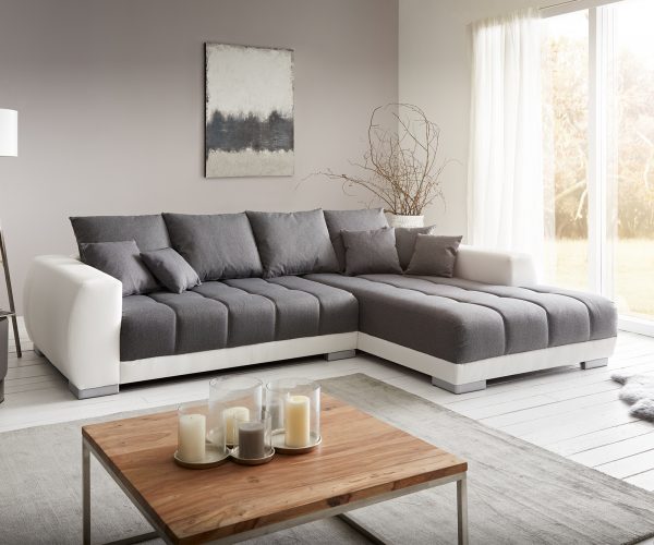 Josea 300x220 cm Sedací souprava imitace kůže Bílá/Šedá Recamiere Pravá