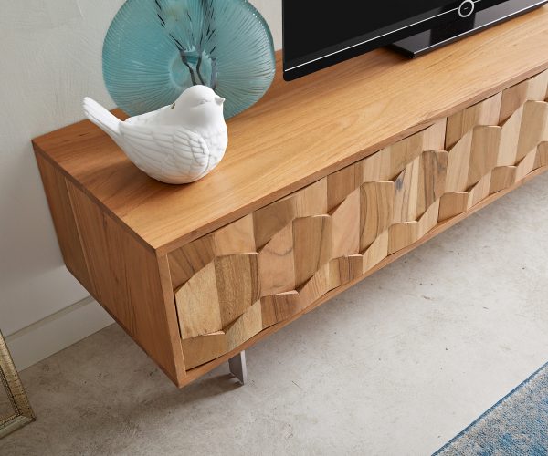 TV stolík Fevo 160 cm akácia prírodná 2 dvierka Podstavec v tvare L - Image 5