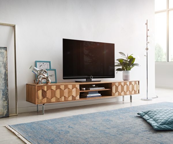 TV stolík Fevo 200 cm akácia prírodná 2 dvierka podstavec v tvare L