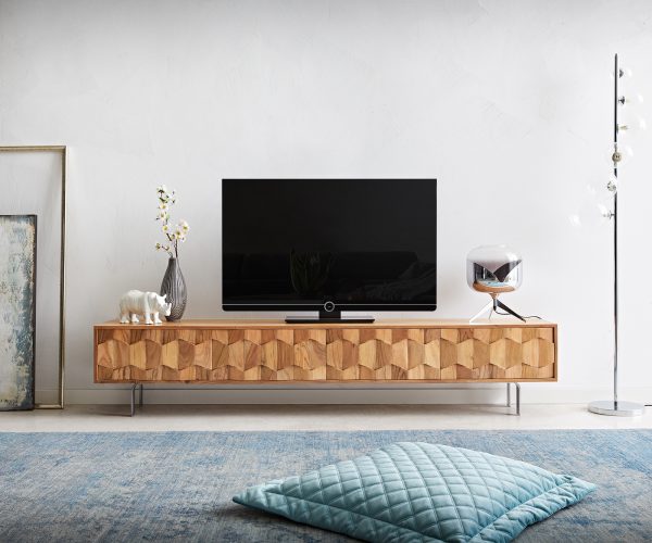 TV stolík Fevo 200 cm akácia prírodná 4 dvierka podstavec v tvare L - Image 2