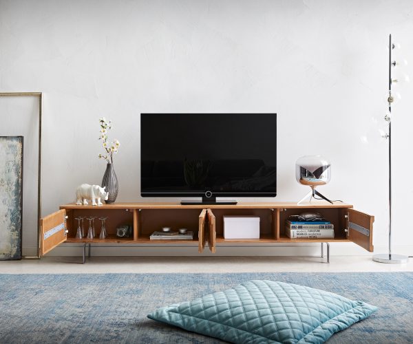 TV stolík Fevo 200 cm akácia prírodná 4 dvierka podstavec v tvare L - Image 4