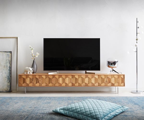 TV stolík Fevo 220 cm akácia prírodná 4 dvierka Podstavec v tvare L - Image 2