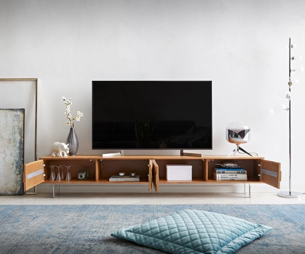 TV stolík Fevo 220 cm akácia prírodná 4 dvierka Podstavec v tvare L - Image 4