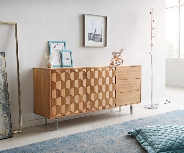 Komoda Fevo 145 cm akácia prírodná 2 dvierka 3 zásuvky Podstavec v tvare L