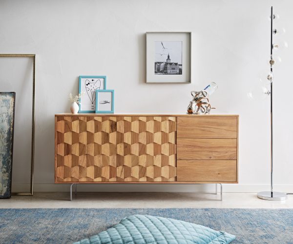 Komoda Fevo 145 cm akácia prírodná 2 dvierka 3 zásuvky Podstavec v tvare L - Image 2