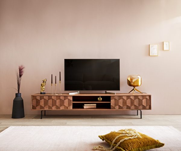 TV stolík Fevo 200 cm akáciová hnedá 2 dvierka podstavec v tvare L - Image 2