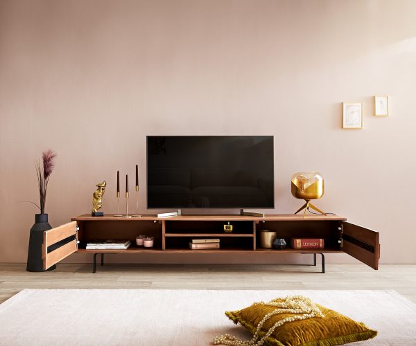 TV stolík Fevo 200 cm akáciová hnedá 2 dvierka podstavec v tvare L - Image 4