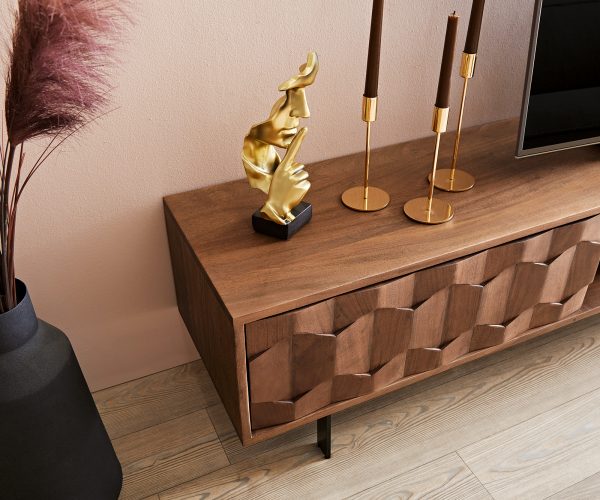 TV stolík Fevo 200 cm akáciová hnedá 2 dvierka podstavec v tvare L - Image 5