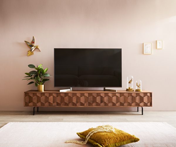 TV stolík Fevo 220 cm akáciová hnedá 4 dvierka podstavec v tvare L - Image 2