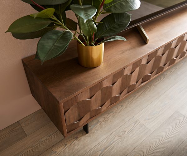 TV stolík Fevo 220 cm akáciová hnedá 4 dvierka podstavec v tvare L - Image 5