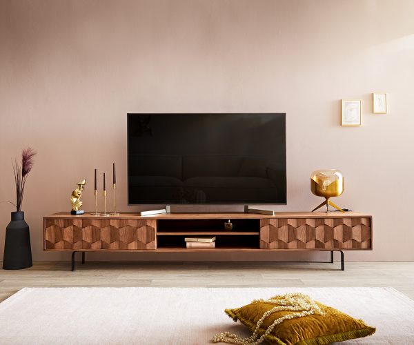 TV stolík Fevo 240 cm akáciová hnedá 4 dvierka podstavec v tvare L - Image 2