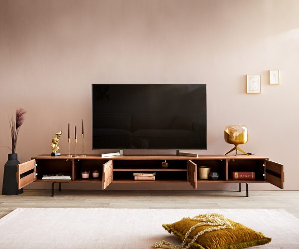 TV stolík Fevo 240 cm akáciová hnedá 4 dvierka podstavec v tvare L - Image 4