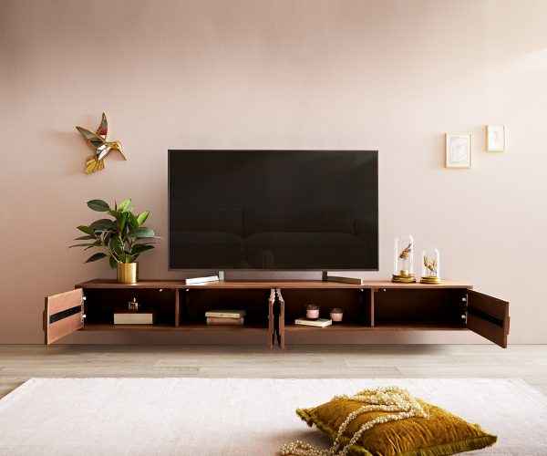 TV stolík Fevo 220 cm akáciová hnedá 4 dvierka na pántoch - Image 4