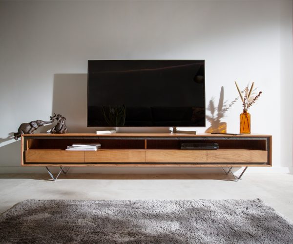 TV stolík Stonegrace 240 cm akácia prírodná 2 priehradky 4 zásuvky kameninová podstava v tvare V - Image 2