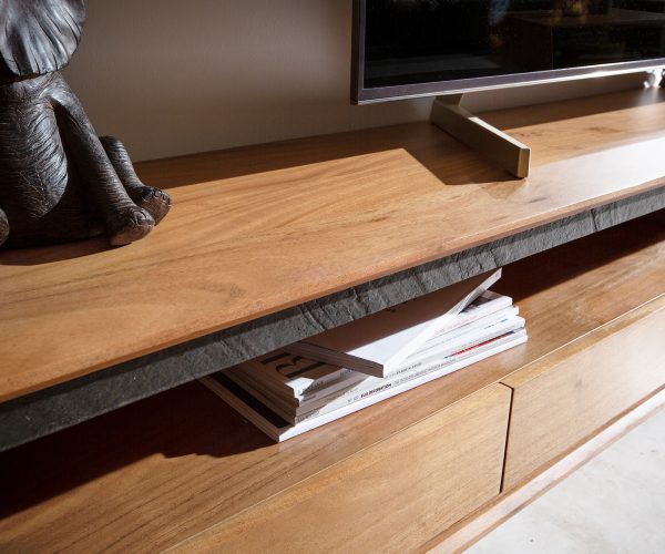 TV stolík Stonegrace 240 cm akácia prírodná 2 priehradky 4 zásuvky kameninová podstava v tvare V - Image 5