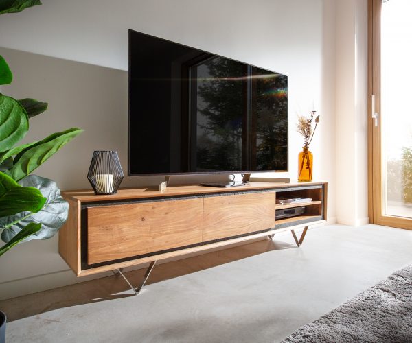 TV stolík Stonegrace 175 cm akácia prírodná 2 dvierka 2 priehradky kameninová podstava v tvare V